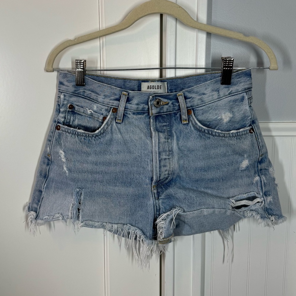 AGOLDE Parker Distressed Denim Cut Off Shorts Light Wash Blue size 26